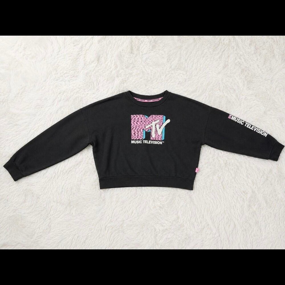 Black MTV cropped sweatshirt with pink leopard print logo and 'MUSIC TELEVISION'